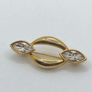 Vtg Gold Tone Rhinestone Marquis Shaped Brooch 2”